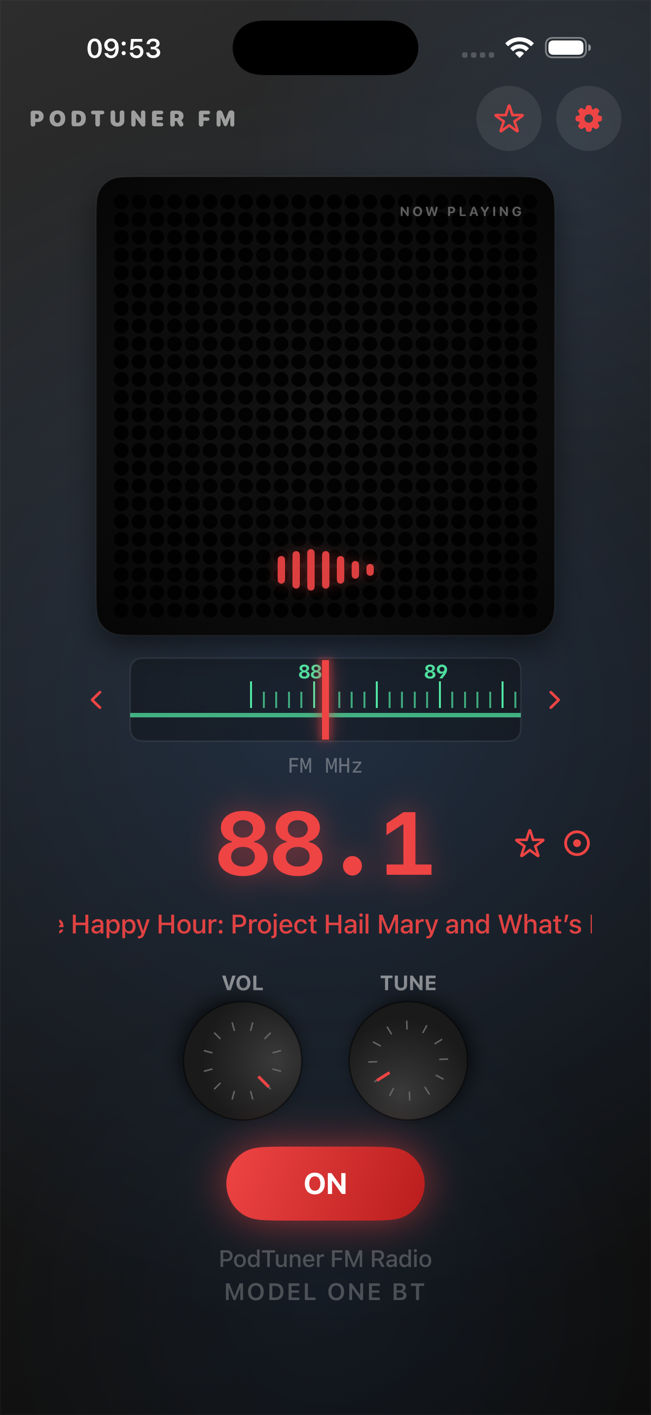 PodTuner on iPhone — radio-style podcast tuner